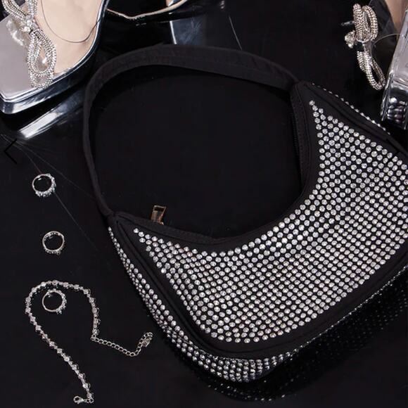 NWT PrettyLittleThing Black Diamante Stud Curved Shoulder Bag - Picture 1 of 9